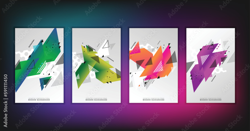 Naklejka premium Abstract geometric composition forms modern background with decorative triangles and patterns backdrop vector illustration set