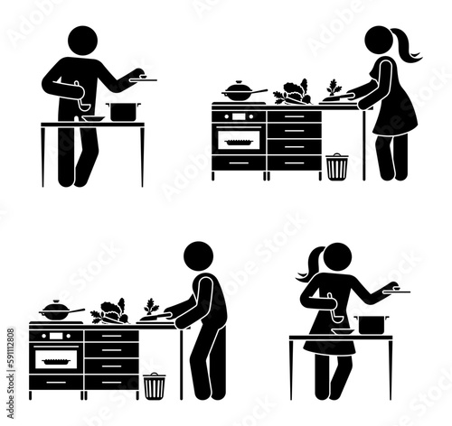 Stick figure boy and girl preparing dinner at home vector illustration set. Stickman people cooking at kitchen icon silhouette pictogram