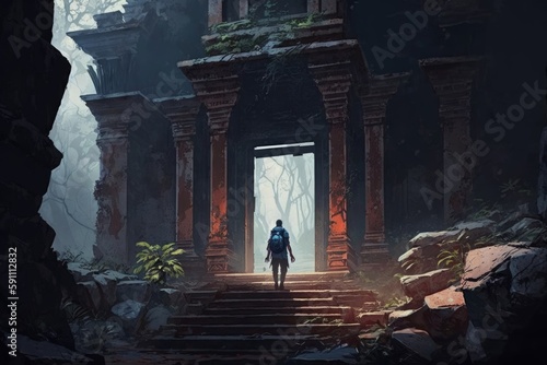Man staying near the ancient temple. A man walks up the stairs to the abandoned temple ruins, Generative AI