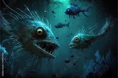 Spooky alien fishes swimming underwater, created with generative ai