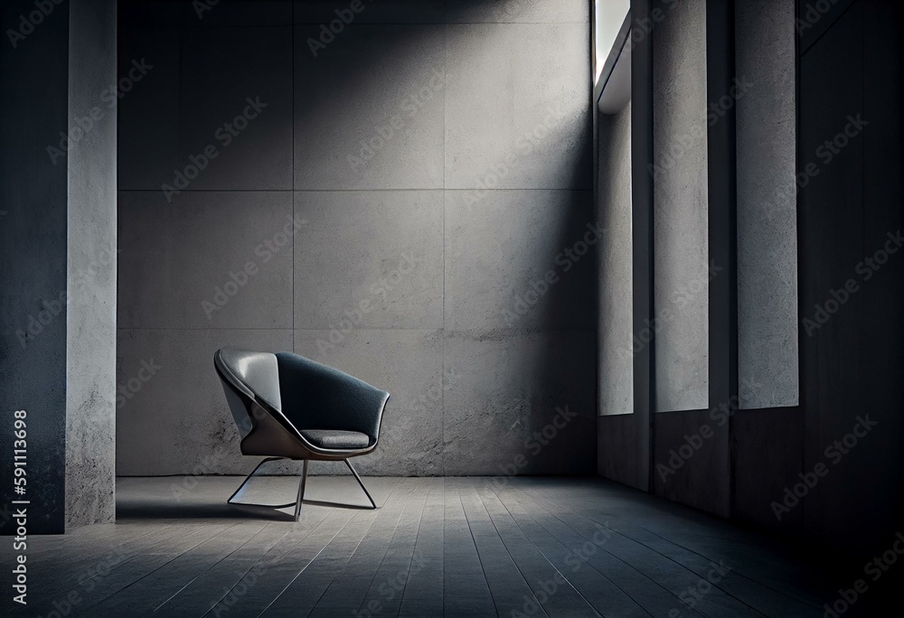 Modern minimalist interior with a gray armchair on empty cement wall background. Generative AI