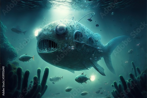 Alien ship fishes swimming underwater  created with generative ai