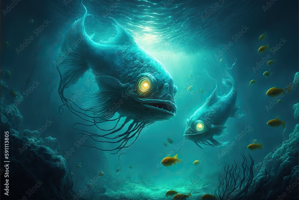 Ugly alien fishes swimming in murky water, created with generative ai