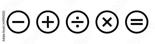 Calculator icons set. Minus, plus and equal symbols. Mathematic symbol in circle. Calculator symbol in line. Stock vector illustration