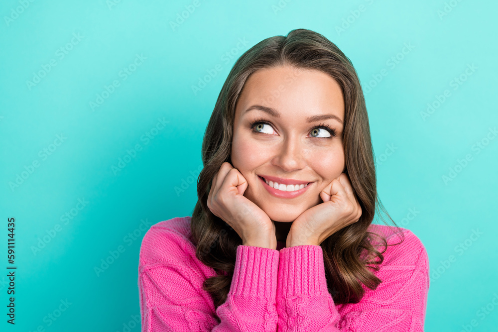 Portrait of pretty kind lady wear stylish pink clothes look empty space interesting proposition isolated on cyan color background