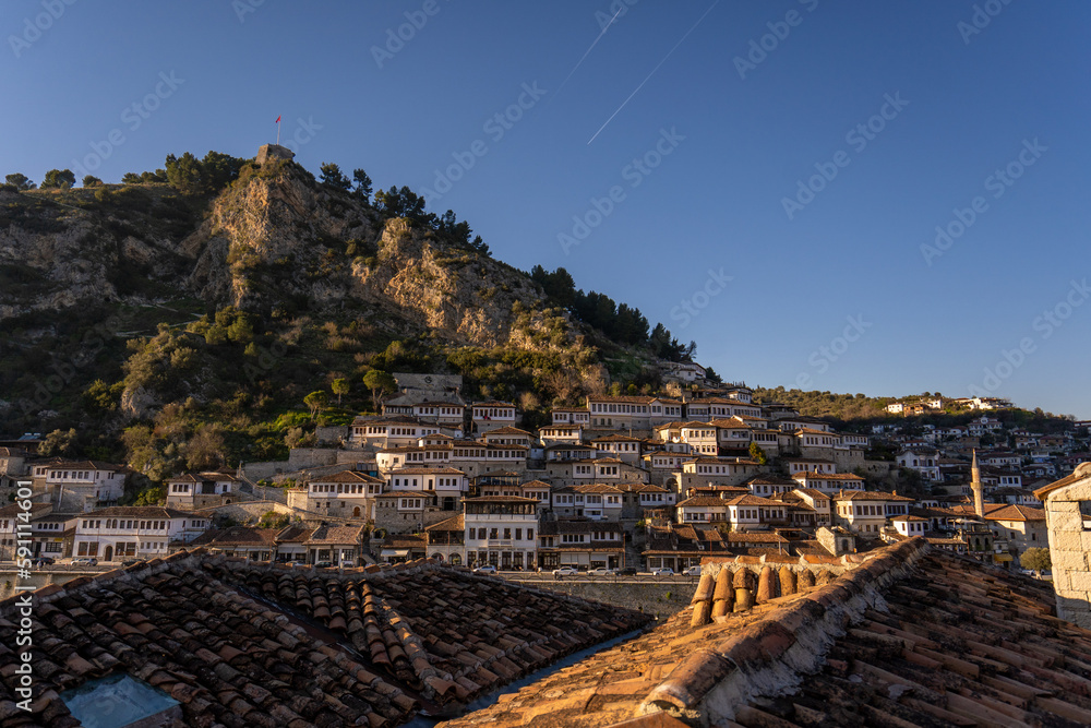 Berat, historic city in the south of Albania. white houses gathering on a hill.