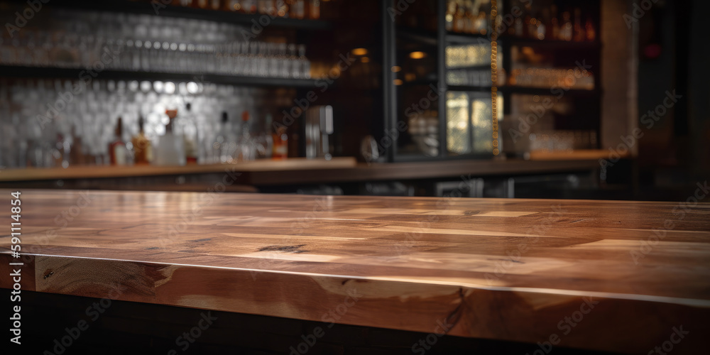 An empty wooden counter table top for product display in a pub or bar. Generative ai