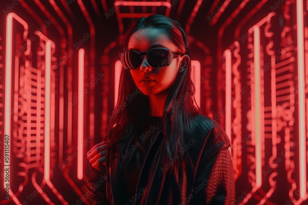 Woman in sunglasses is in the red colored room. Beautiful illustration picture. Generative AI Woman in sunglasses is in the red colored room. Beautiful illustration picture. Generative AI