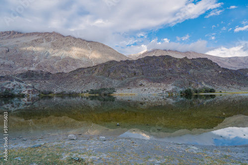 Hidden Buddhist Sacred Tso Yarab Lake. Himalaya mountains range. India, Ladakh, near Panamik, Sumur village, altitude 3300 m