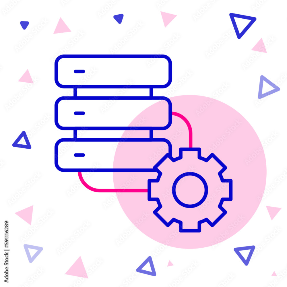 Line Server and gear icon isolated on white background. Adjusting app, service concept, setting options, maintenance, repair, fixing. Colorful outline concept. Vector Line Server and gear icon isolated on white background. Adjusting app, service concept, setting options, maintenance, repair, fixing. Colorful outline concept. Vector