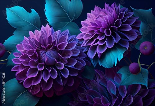 Purple Dahlia Flowers with leaves on dark blue background seamless floral graphic pattern. Generative AI