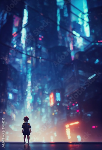 Little kid is standing in the city at night time. Futuristic neon lighting. Beautiful illustration picture. Generative AI