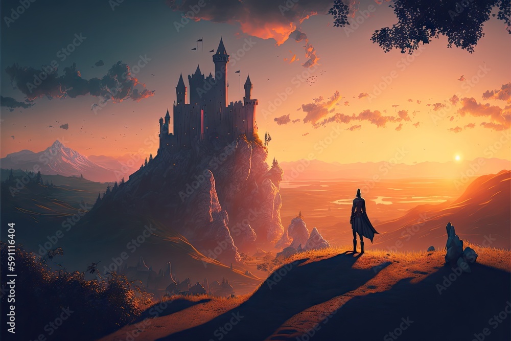 Fototapeta premium Majestic castle in nature landscape and small knight on hill at sunset, created with generative ai