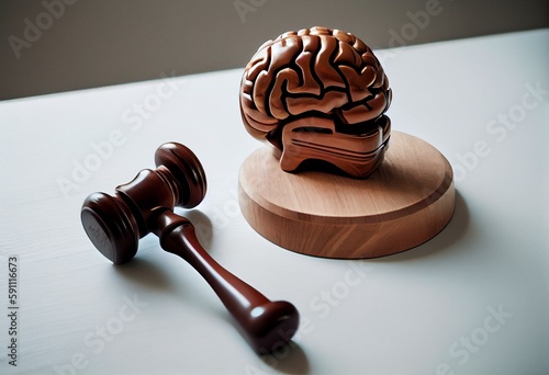 Brain and hammer judge gavel on wooden table in courtroom with white wall background copy space. Intellectual property (IP) legal law protection concept. Laws to protect and enforce. Generative AI