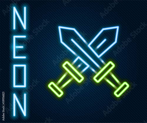 Glowing neon line Crossed medieval sword icon isolated on black background. Medieval weapon. Colorful outline concept. Vector