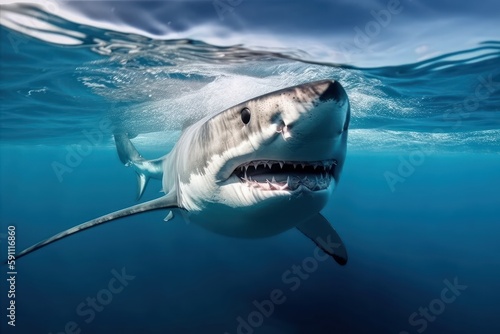 Shark is swimming underwater. Beautiful illustration picture. Generative AI © standret