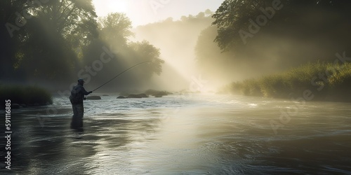 person fly fishing in peaceful river appealing to those interested in serenity and skill of this niche pastime, concept of Tranquility and expertise, created with Generative AI technology