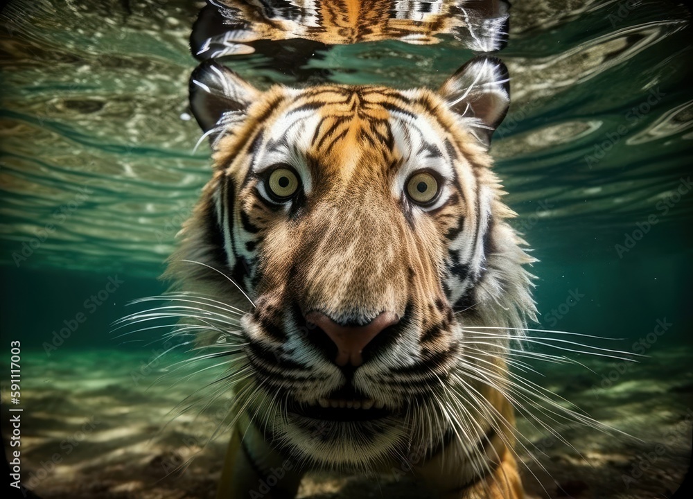 Tiger is swimming underwater. Beautiful illustration picture. Generative AI