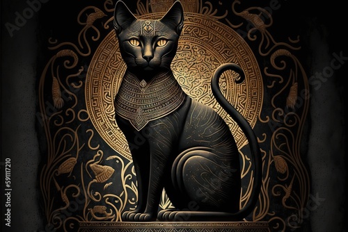 Black Egyptian Bastet cat on stone background with carved Egyptian ornament, created with generative ai photo