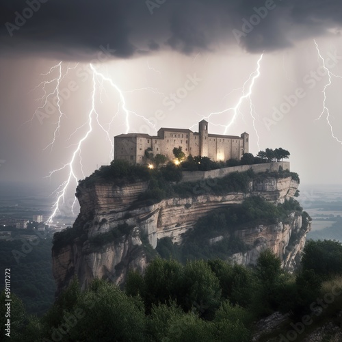 A Thunderstorm to Remember near Medieval Castle, Generative AI