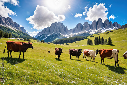 Cow grazing in an alpine meadow, Generative AI © Budjak Studio