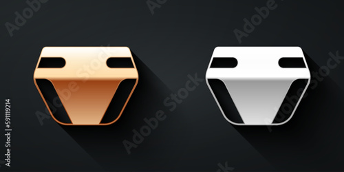 Gold and silver Adult diaper icon isolated on black background. Long shadow style. Vector