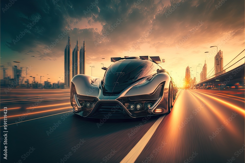 Front view of futuristic car moving on highway road in futuristic city at sunset, created with generative ai