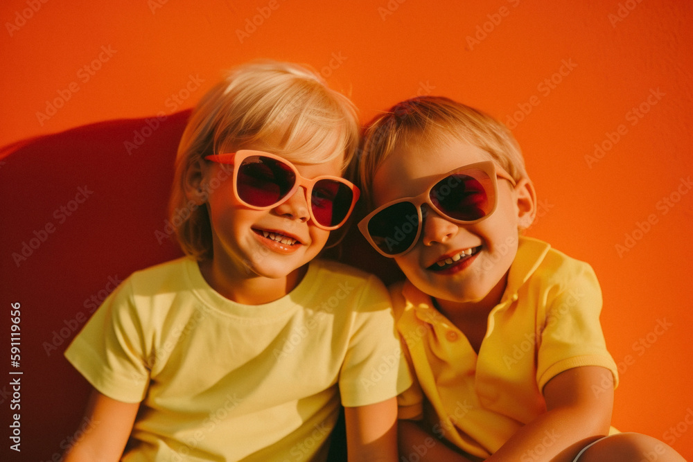 Obraz premium Funny portrait of little kids in summer styling with sunglasses, trendy kids ready for the beach. Modern bright vivid colors. Generative AI.