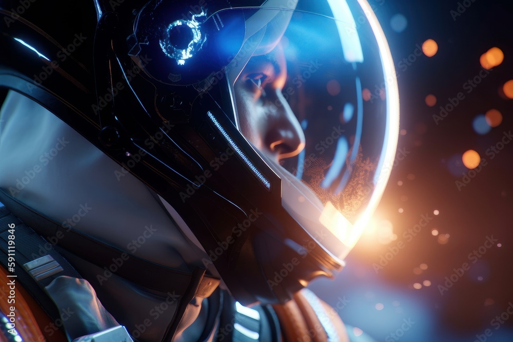 Close up view. Astronaut that is in space suit. Beautiful illustration picture. Generative AI Close up view. Astronaut that is in space suit. Beautiful illustration picture. Generative AI