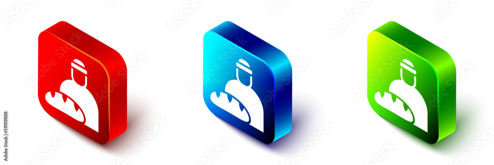 Isometric Feeding the homeless icon isolated on white background. Help and support. Giving food to the hungry concept. Red, blue and green square button. Vector Isometric Feeding the homeless icon isolated on white background. Help and support. Giving food to the hungry concept. Red, blue and green square button. Vector