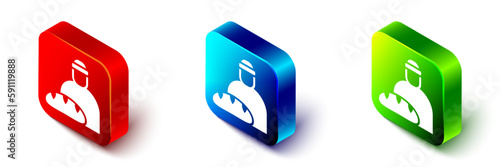 Isometric Feeding the homeless icon isolated on white background. Help and support. Giving food to the hungry concept. Red, blue and green square button. Vector