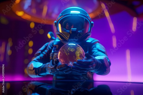 Holding sphere in hands. Astronaut that is in space suit. Beautiful illustration picture. Generative AI © standret