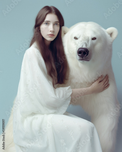 Snow white abstract elegant portrait of a young beautiful girl with a big dangerous polar bear. Gentle white color tones, women and wild animal. Generative AI.