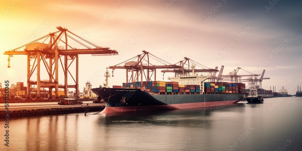container ship in harbor with massive cranes lifting and moving cargo containers highlighting the importance of global trade and logistics, created with Generative AI technology