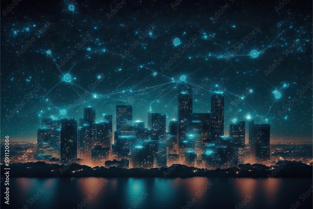 Cyber city with data symbols in night sky, IoT technology concept, created with generative ai
