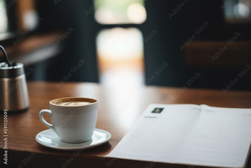 A cup of coffee on a table in a cafe at lunchtime at work. Generative AI A cup of coffee on a table in a cafe at lunchtime at work. Generative AI