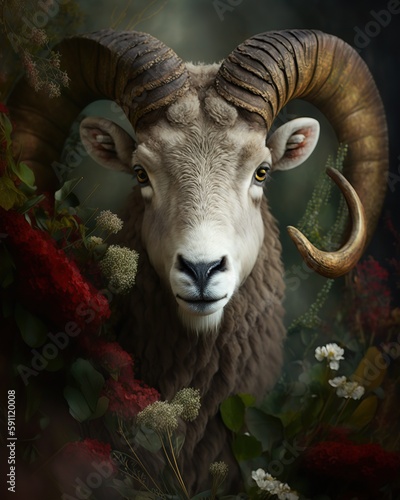 Generative AI head of ram with big horns surrounded by wildflowers