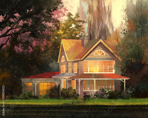 Painted picturesque forest landscape with a cozy house photo