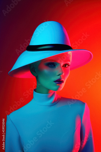 Fashionable, contemporary styling of bright vivid colors, elegant modern style of young beautiful girl with extravagant hat. Generative AI. © Uncanny Valley