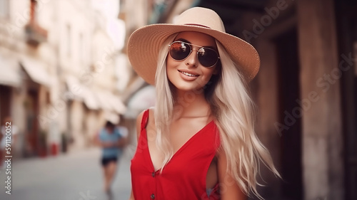Pretty woman-traveller walking on the city. Wearing stylish straw hat, sunglasses, generative AI tools 