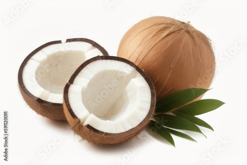 Half of coconut with leaves isolated on white background, Generative AI.