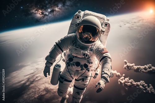 Planet view. Astronaut that is in space suit. Beautiful illustration picture. Generative AI