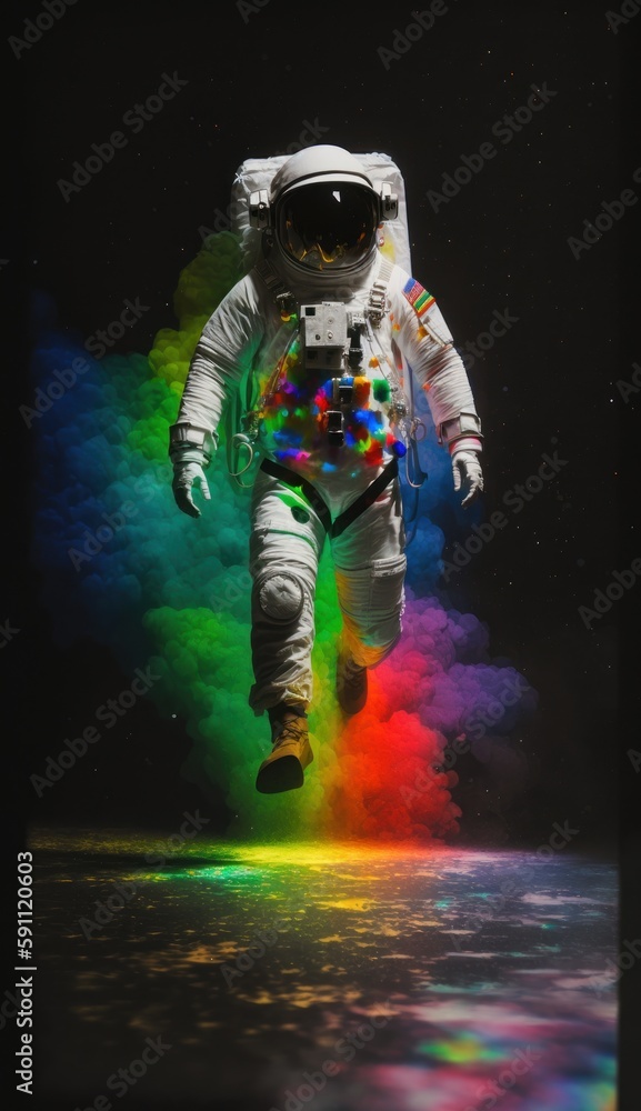Fototapeta premium Rainbow colors. Astronaut that is in space suit. Beautiful illustration picture. Generative AI