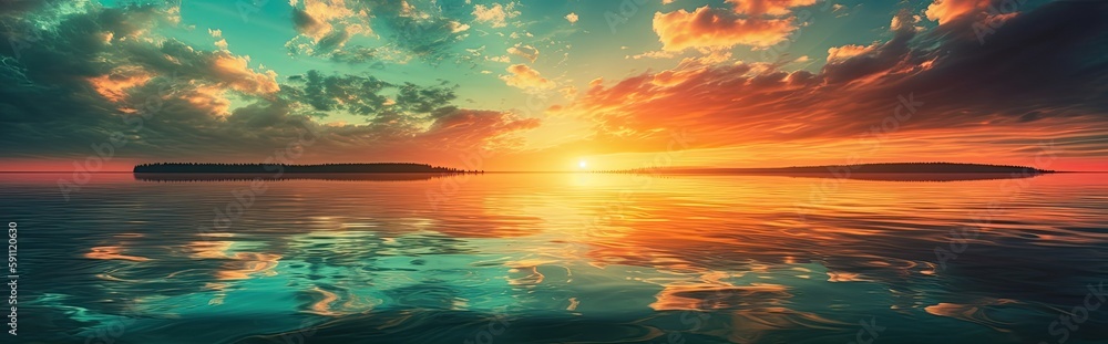 Fototapeta premium Panoramic image of the sunset or the sunrise on a beautiful lake. Generative AI