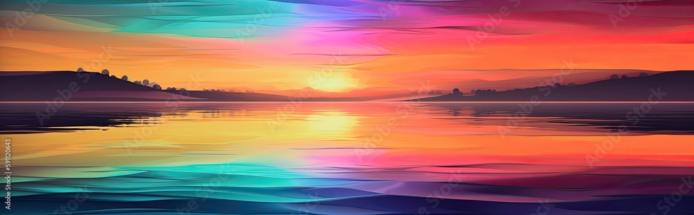 Panoramic image of the sunset or the sunrise on a beautiful lake. Generative AI