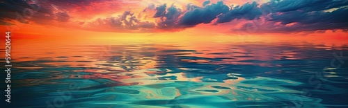 Panoramic image of the sunset or the sunrise on a beautiful lake. Generative AI