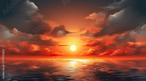 Panoramic image of the sunset or the sunrise on a beautiful lake. Generative AI © Gelpi