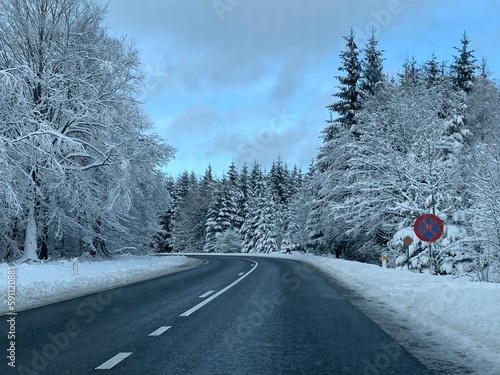 Snow covered landscape in Ardennes forest near Signal de Botrange in Belgium