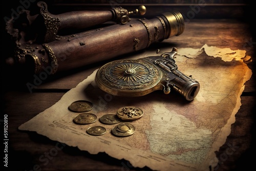Ancient gun, gold coins and antique map on old wooden table, created with generative ai