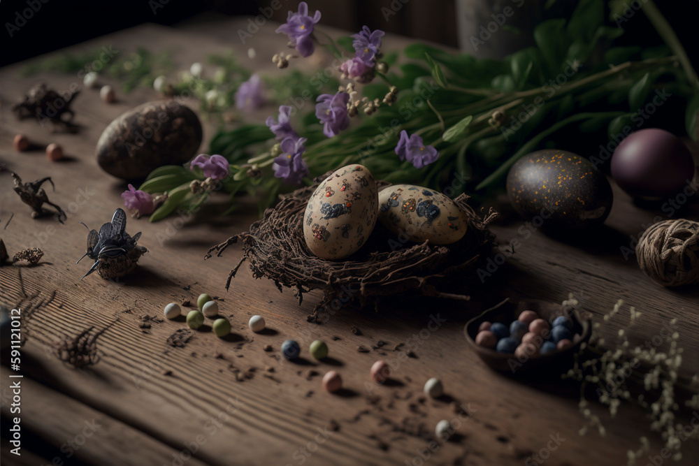 custom made wallpaper toronto digitalOrganic farm products on ancient old wooden table in forest house created with generative ai tools